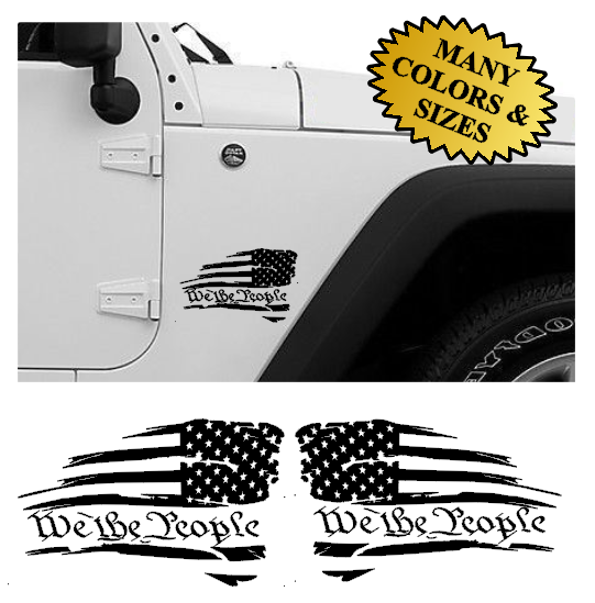 2 WE THE PEOPLE Wavy Distressed USA America Flag Vinyl Sticker Decal Car Truck